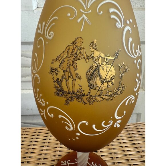 Vintage MCM Large Pedestal Vase Goblet Amber satin Glass Courting Couple 12" - Picture 3 of 10